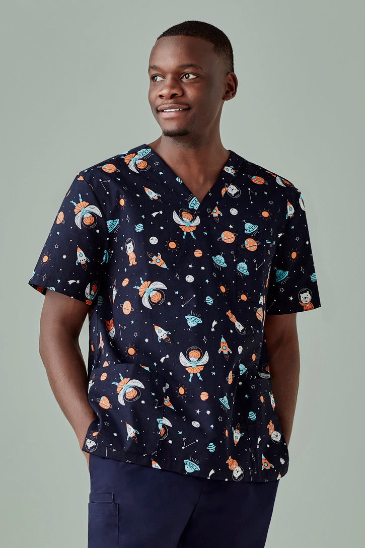 Biz Care Mens Scrub Top S/S Space Party CST148MS